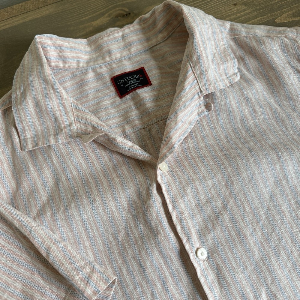 Untuckit Men's Large Striped 100% Linen Short Sleeve Button Up Shirt Collar‎